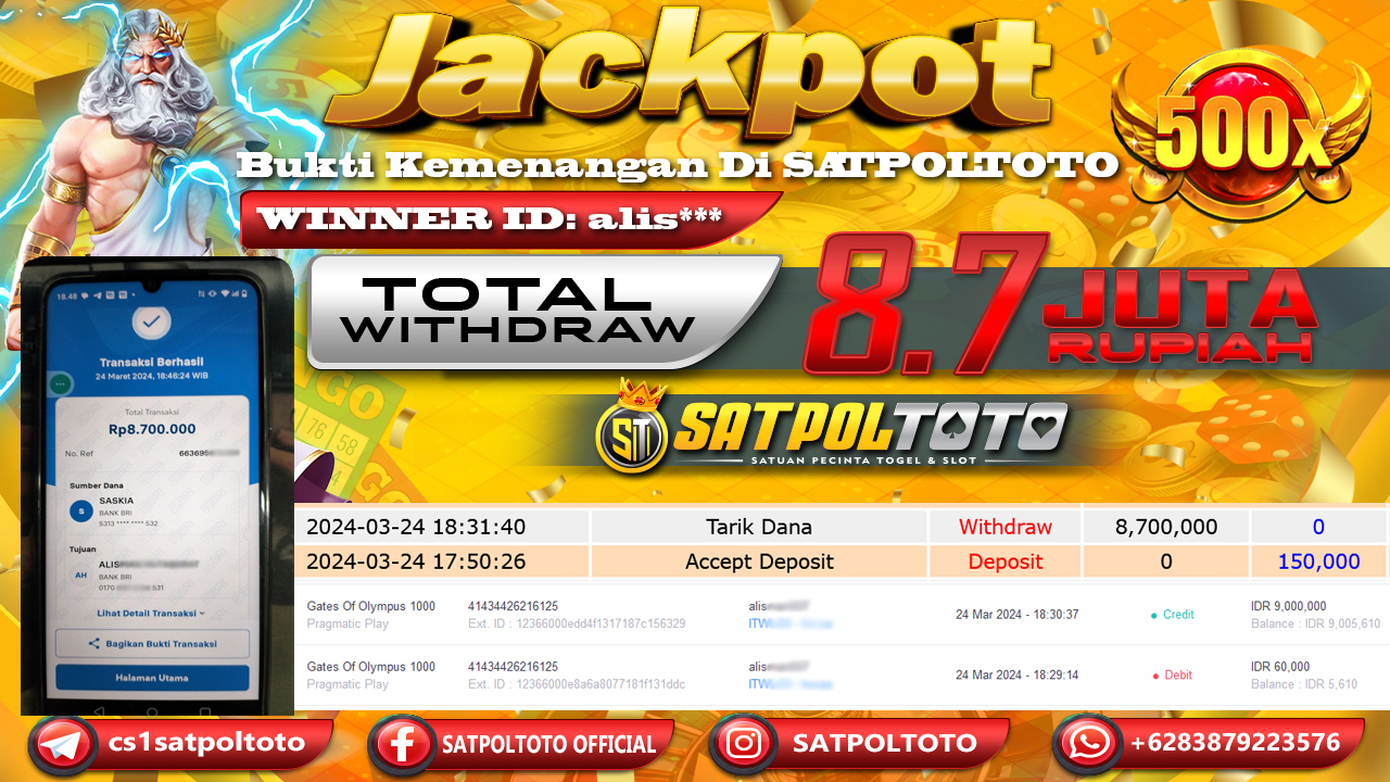 JACKPOT SLOT GATES OF OLYMPUS 1000 - 24 MARET 2024